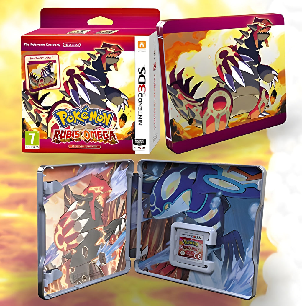 Das offene Steelbook von Pokemon: Omega Rubin / Omega Ruby zeigt Groudon und Kyogre im Inneren.
