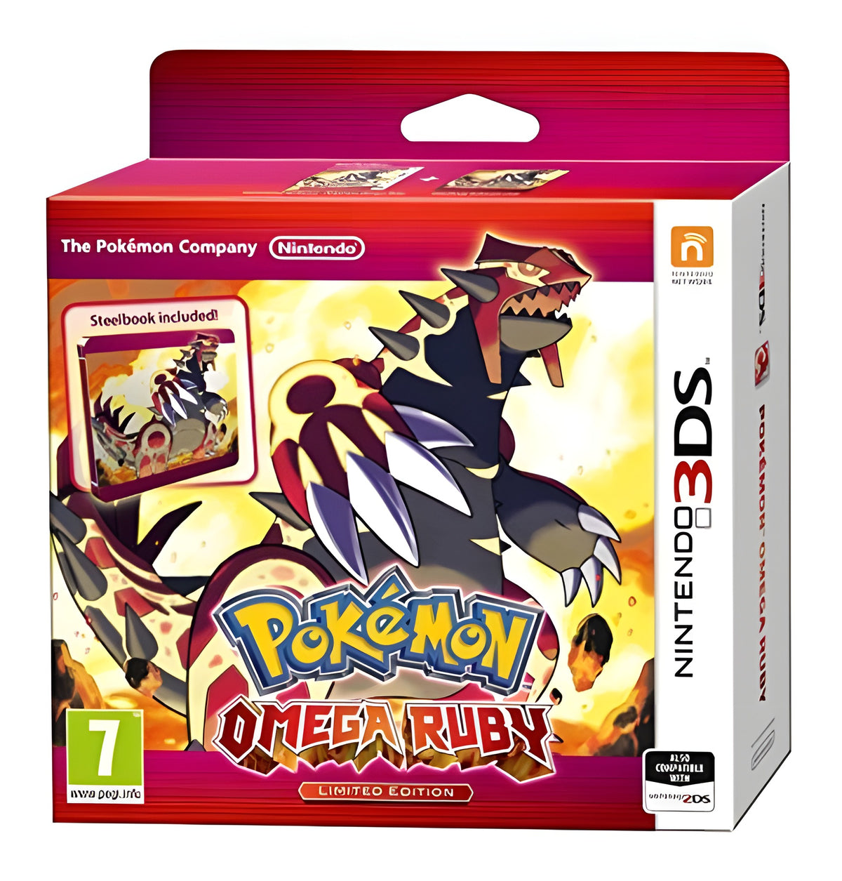 Die Umverpackung von Pokemon: Omega Rubin / Omega Ruby mit Groudon und PEGI 7 Siegel.