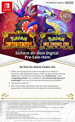 Das Bild zeigt die legendären Pokémon von Karmesin und Purpur sowie Anweisungen zur Einlösung eines digitalen.