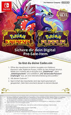 Das Bild zeigt die legendären Pokémon von Karmesin und Purpur sowie Anweisungen zur Einlösung eines digitalen.
