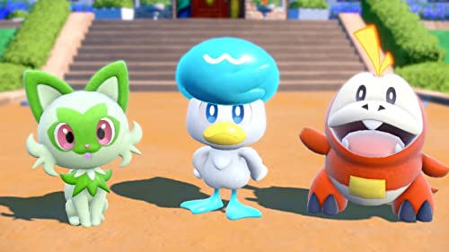 Drei Starter-Pokémon stehen nebeneinander: das grüne Sprigatito, die blaue Ente Quaxly und das rote Krokodil Fuecoco.