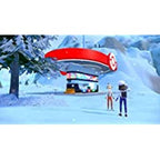 Zwei Trainer stehen in einer verschneiten Winterlandschaft vor einem roten, futuristischen Gebäude.