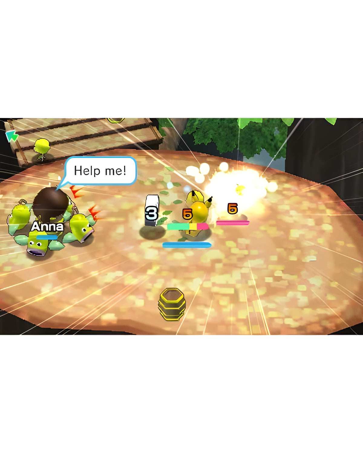 In Pokemon: Rumble World greift ein Pikachu mit einer Explosion eine Gruppe von Gegnern an.