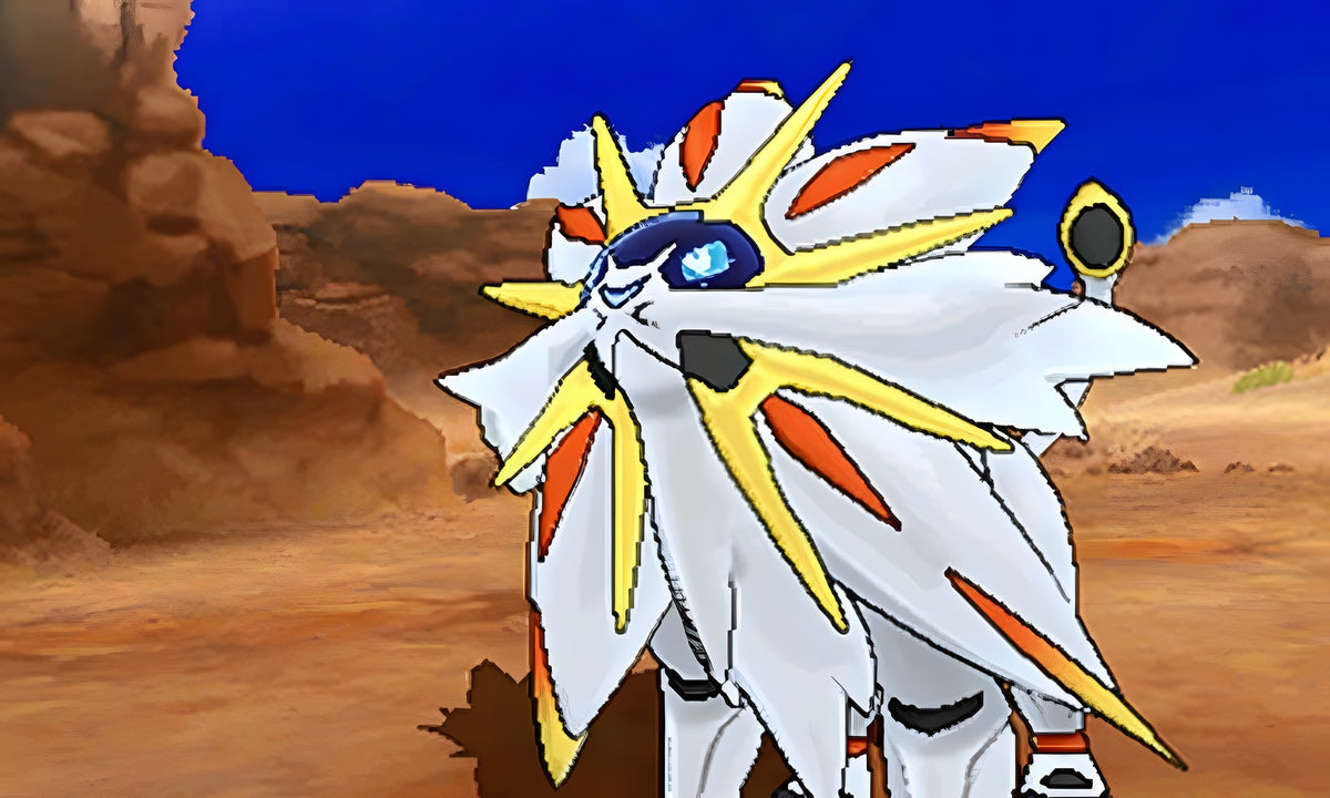 Das legendäre Pokémon Solgaleo ist in Pokémon: Sonne / Sun in einer Wüstenlandschaft zu sehen.