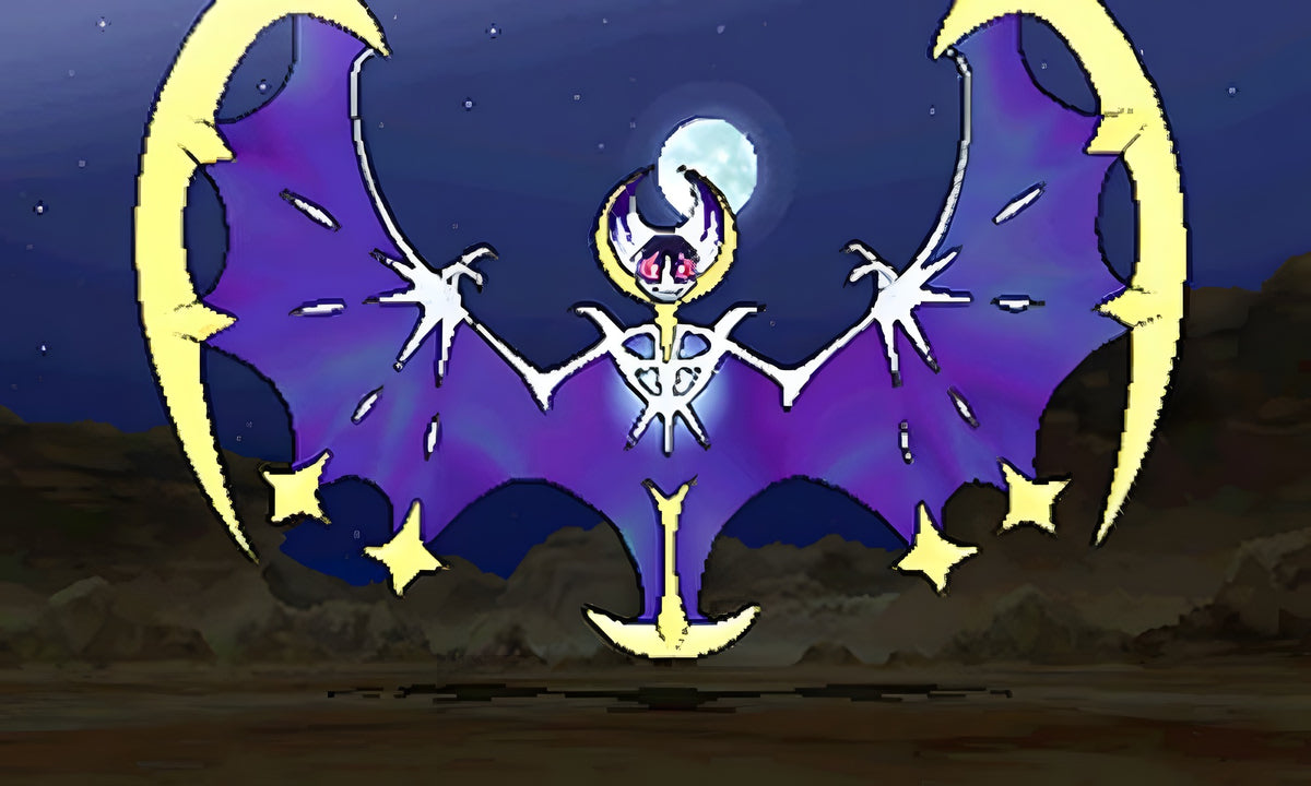 Das legendäre Pokémon Lunala fliegt in Pokémon: Sonne / Sun vor einem Vollmond am Nachthimmel.
