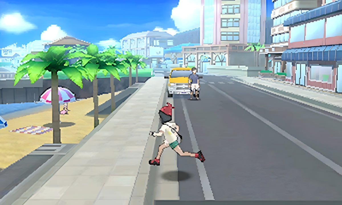 Der Spielercharakter rennt in Pokémon: Sonne / Sun durch eine Stadt am Strand entlang.