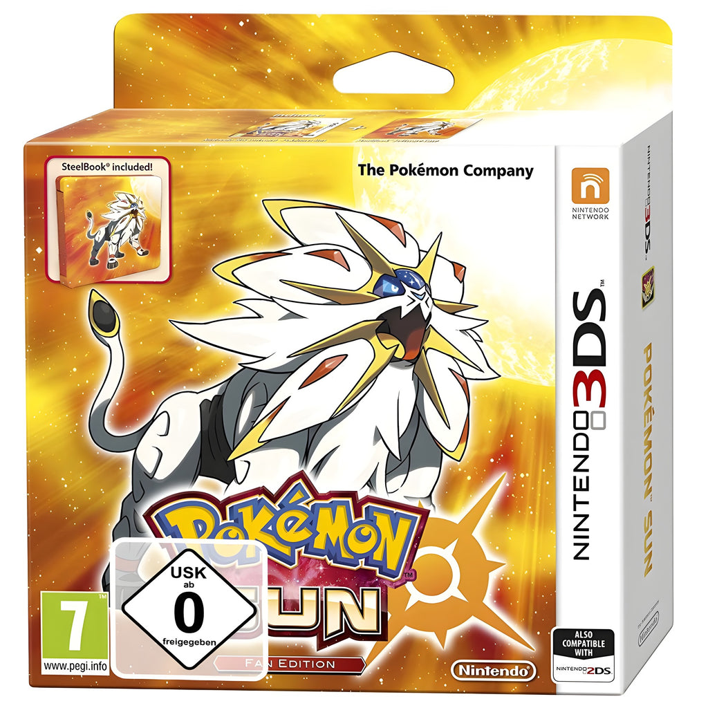 Die Umverpackung von Pokémon Sonne / Sun + Steelbook Fan Edition VGA Grading SEALED 90 zeigt ein weißes Pokémon.