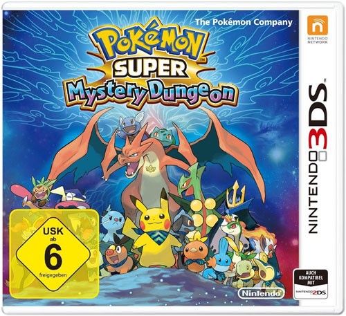 Das Cover von Pokemon Super Mystery Dungeon für Nintendo 3DS zeigt zahlreiche Pokemon, darunter Pikachu und Charizard.