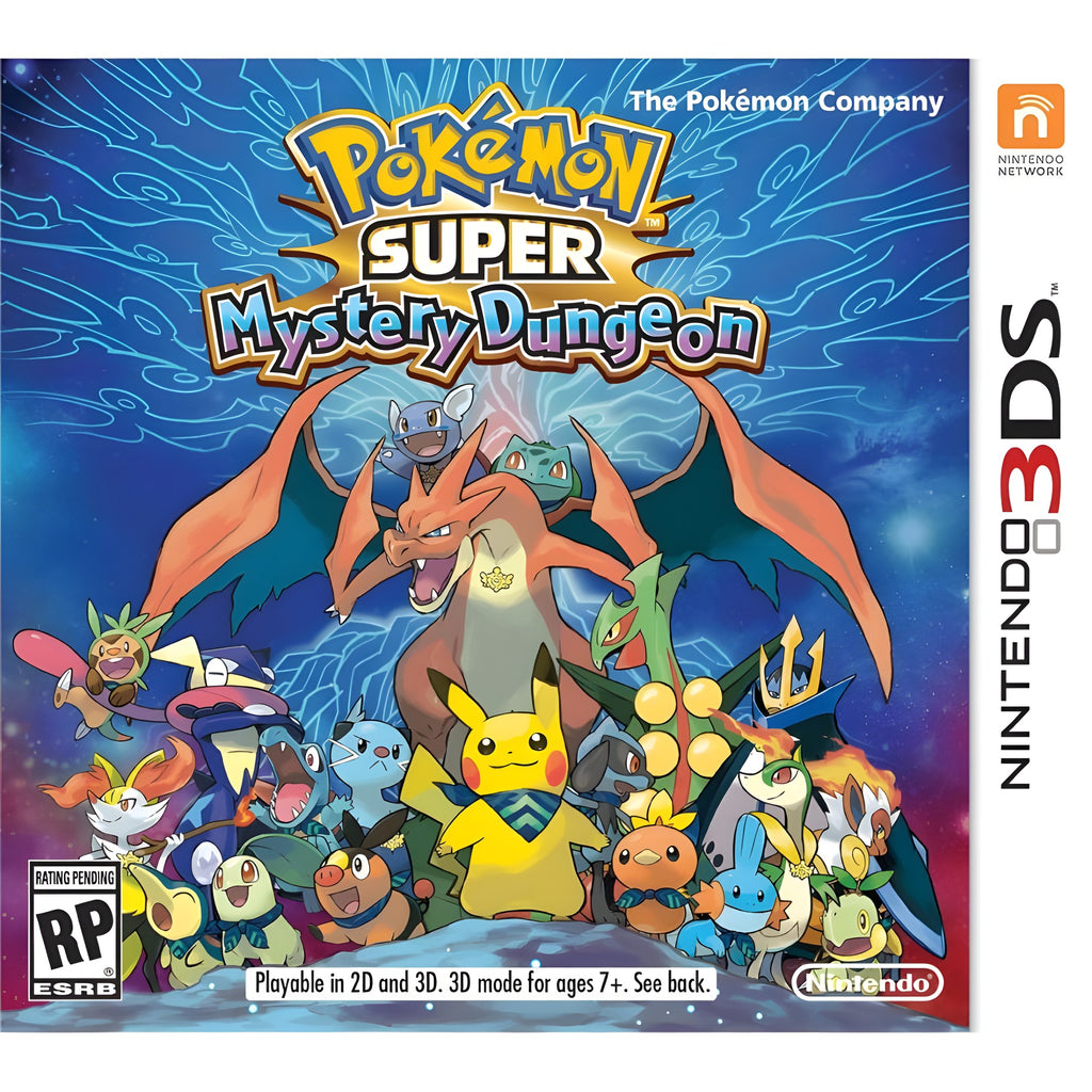 Das Cover von Pokemon Super Mystery Dungeon für Nintendo 3DS zeigt viele Pokémon und ein ESRB-Siegel.