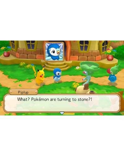 Pikachu und andere Pokemon unterhalten sich in einem Dorf, mit einem Dialogfeld und einem Porträt von Piplup.