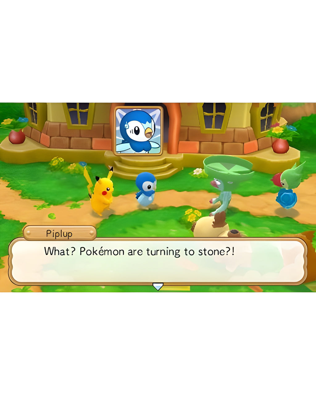 Eine Dialogszene aus Pokemon Super Mystery Dungeon mit Piplup und anderen Pokémon vor einem Haus.