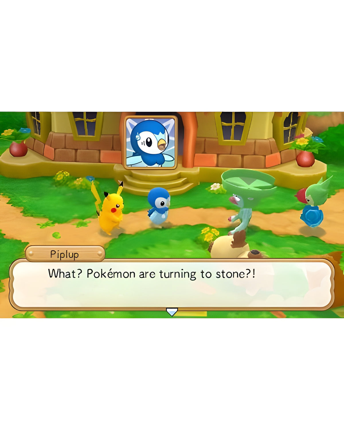 Eine Dialogszene aus Pokemon Super Mystery Dungeon mit Piplup und anderen Pokémon vor einem Haus.