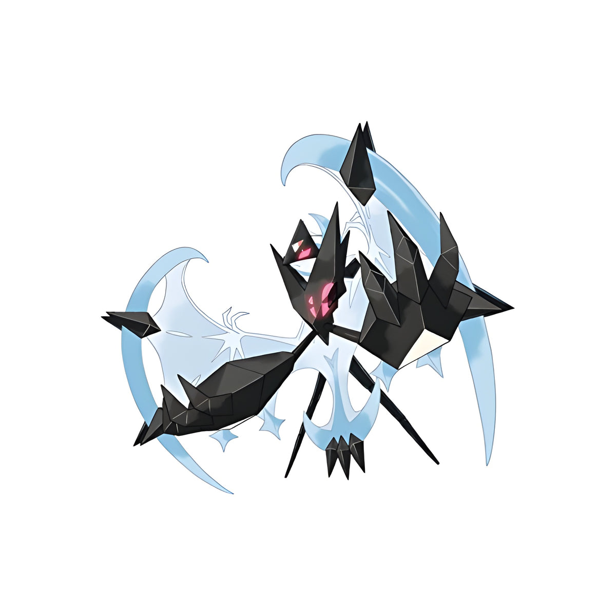 Das legendäre Pokémon Ultranecrozma aus Pokemon Ultraluna / Ultramond schwebt vor einem hellblauen Mond.