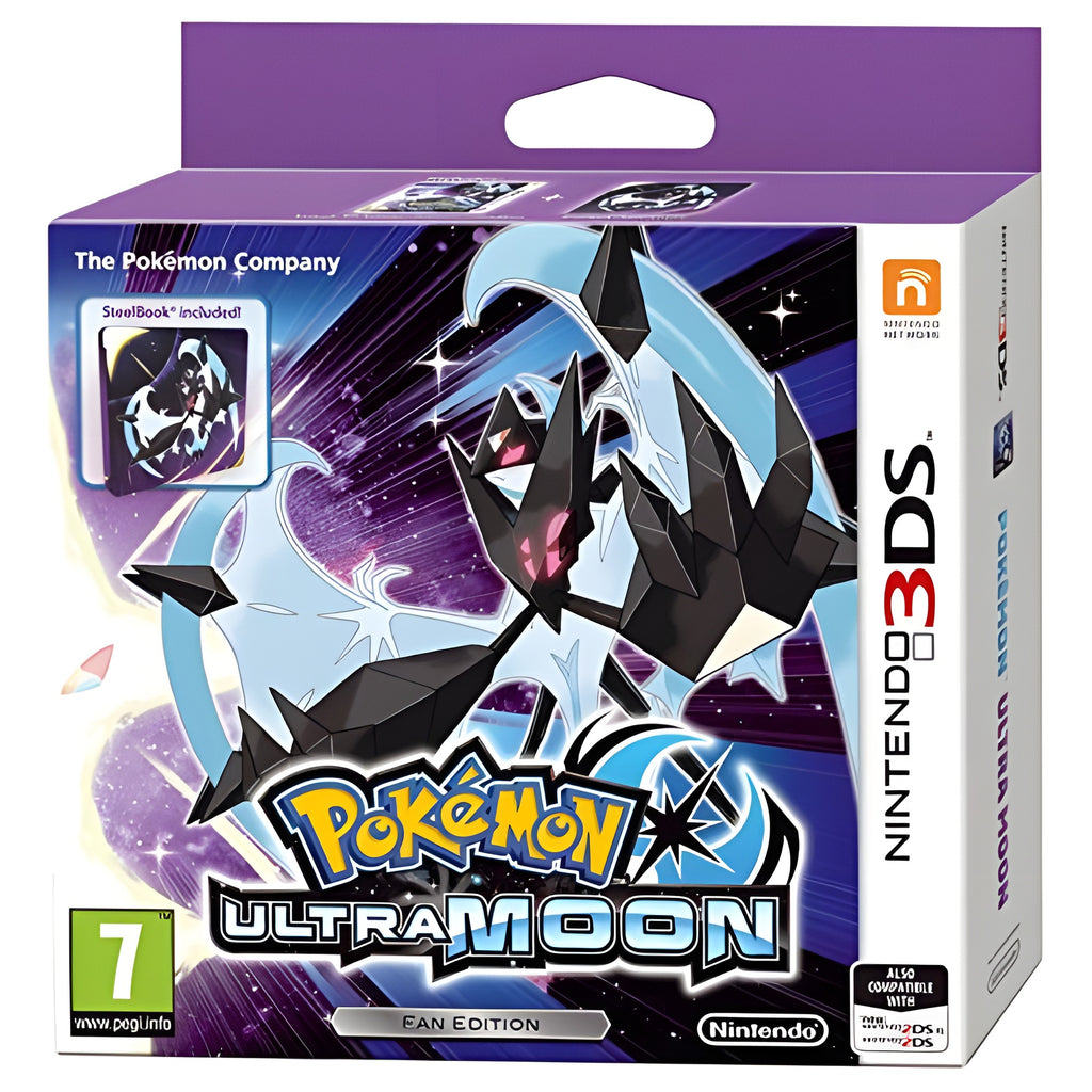 Die Verpackung von Pokémon: Ultramond + Steelbook Fan-Edition zeigt ein schwarzes und hellblaues Pokémon.