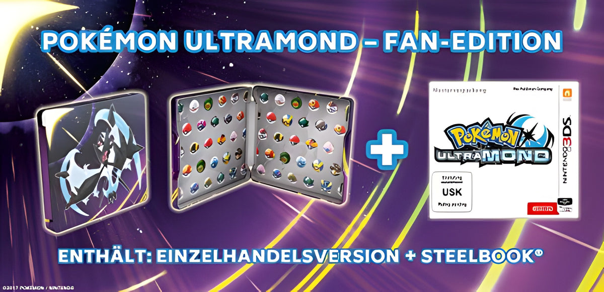 Das Packshot von Pokémon: Ultramond + Steelbook Fan-Edition zeigt den Inhalt: ein geöffnetes Steelbook.
