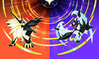 Zwei legendäre Pokémon, Solgaleo und Lunala, stehen sich in Pokémon: Ultramond / Ultra Luna gegenüber.