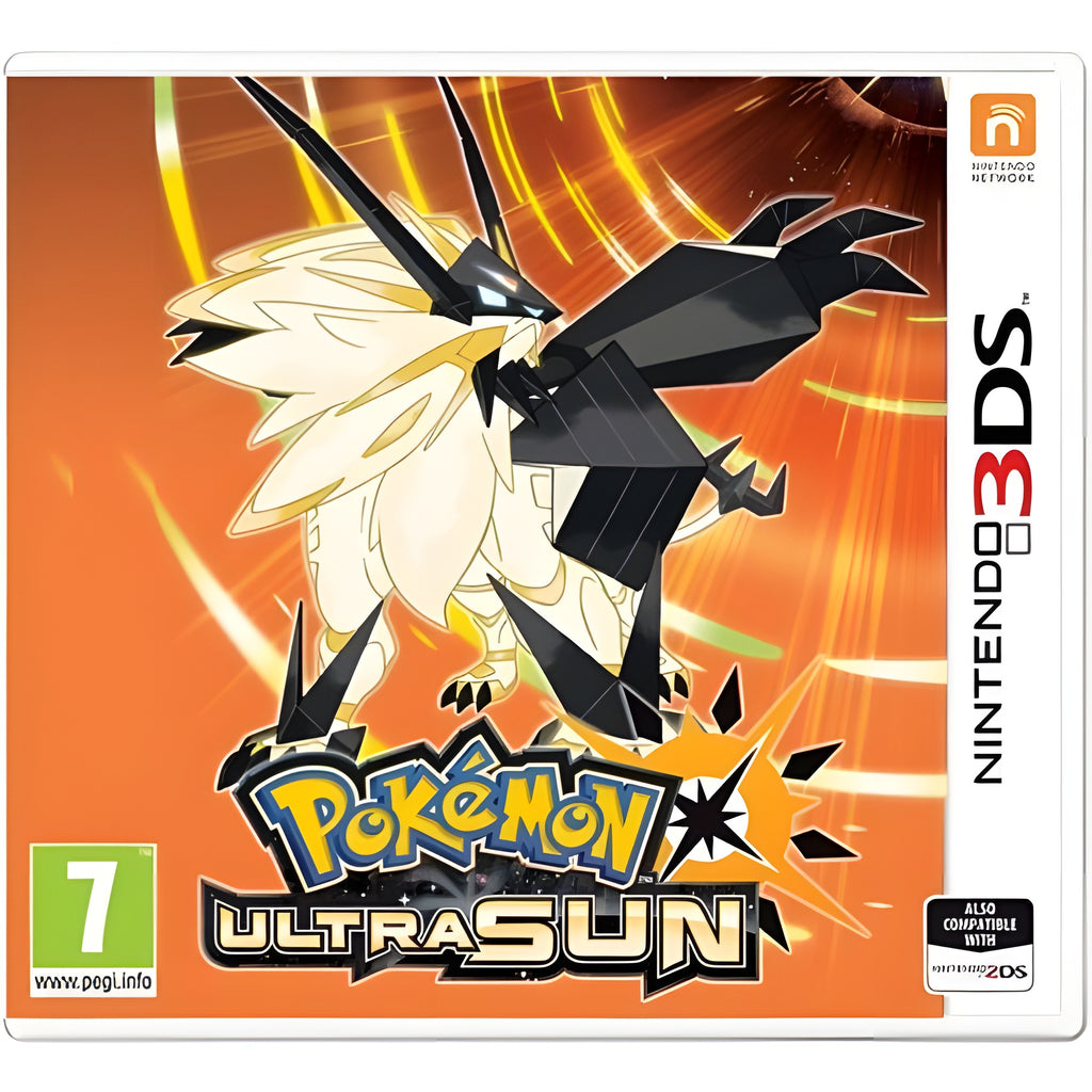 Das Cover von Pokémon: Ultrasonne zeigt ein großes, weißes Pokémon mit schwarzen Flügeln vor orangefarbenem Hintergrund.