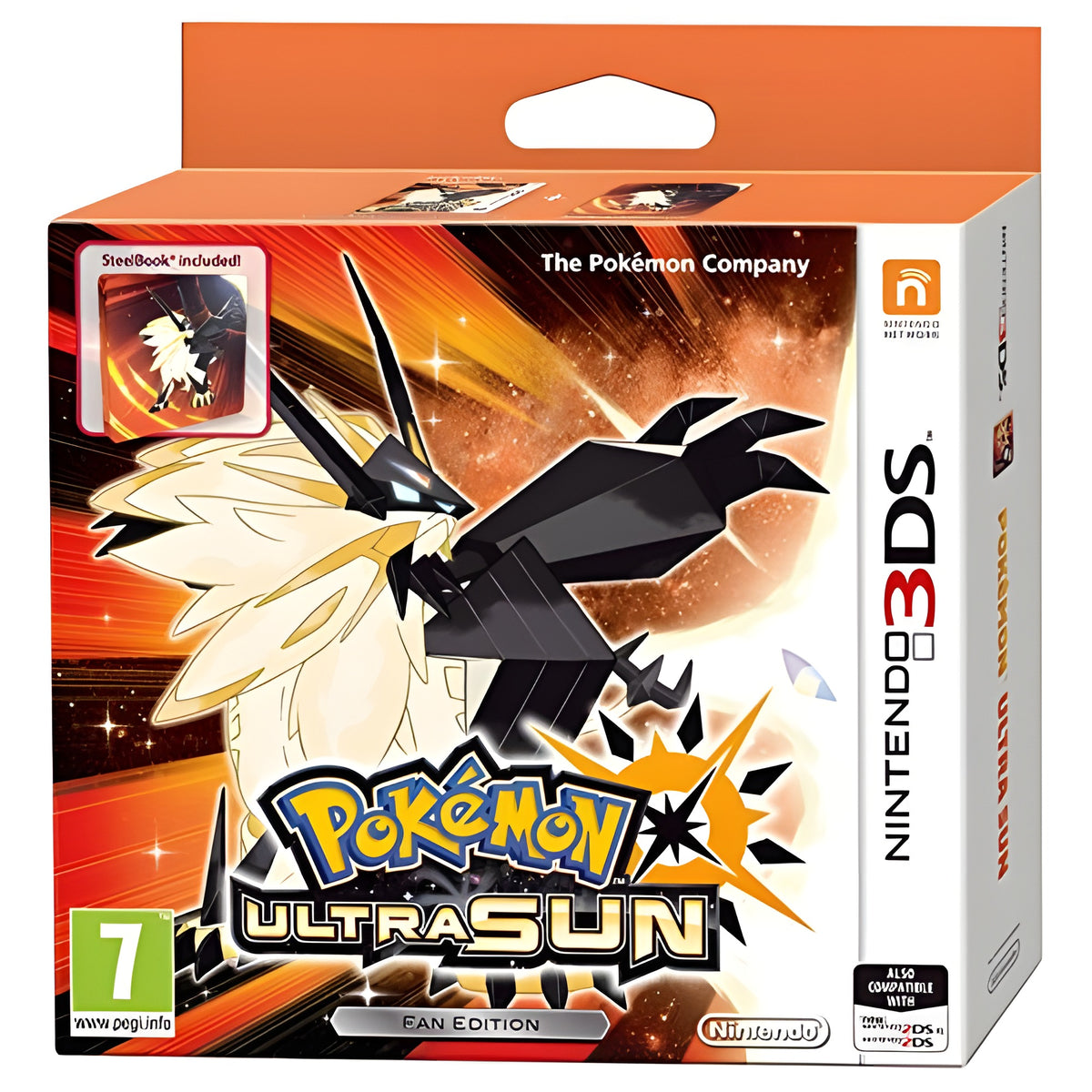 Die Verpackung der Pokémon: Ultrasonne + Steelbook Fan-Edition zeigt Necrozma in seiner Ultra-Form und das PEGI-Siegel ab 7.