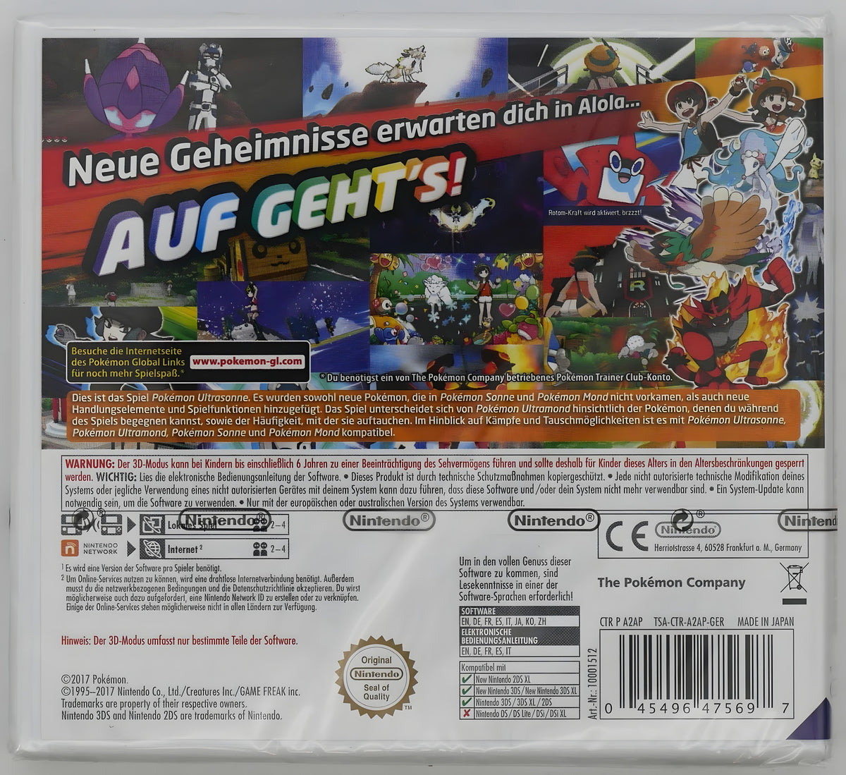 Die Rückseite von Pokémon: Ultrasonne / Ultra Sun Pixel Grading SEALED 85 zeigt Spielszenen und Textinformationen.