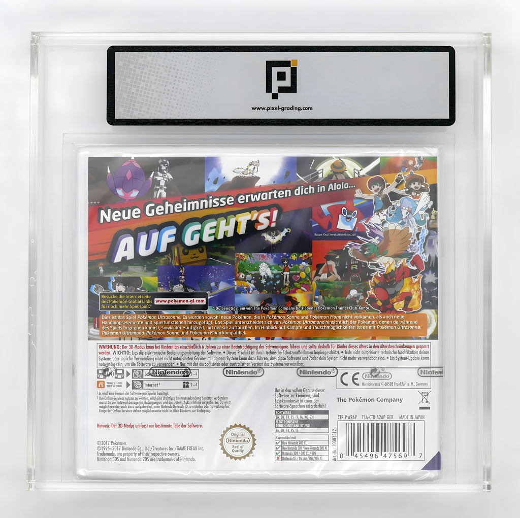 Die Rückseite von Pokémon: Ultrasonne / Ultra Sun Pixel Grading SEALED 85 ist in einem transparenten Grading-Case zu sehen.