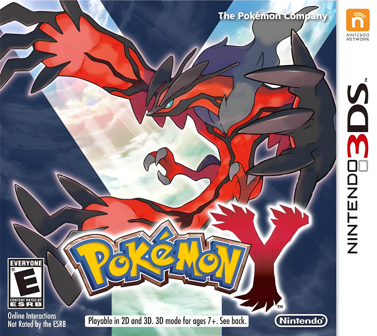 Das Cover von Pokemon Y für Nintendo 3DS zeigt ein großes rotes Drachen-Pokemon mit schwarzen Flügeln und dem ESRB E-Siegel.