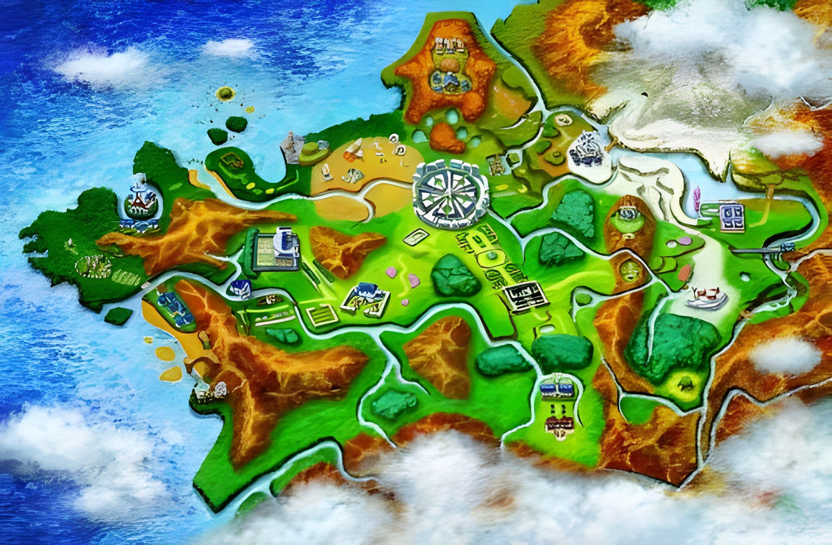 Die bunte Weltkarte der Kalos-Region aus Pokemon Y zeigt verschiedene Städte und Routen.