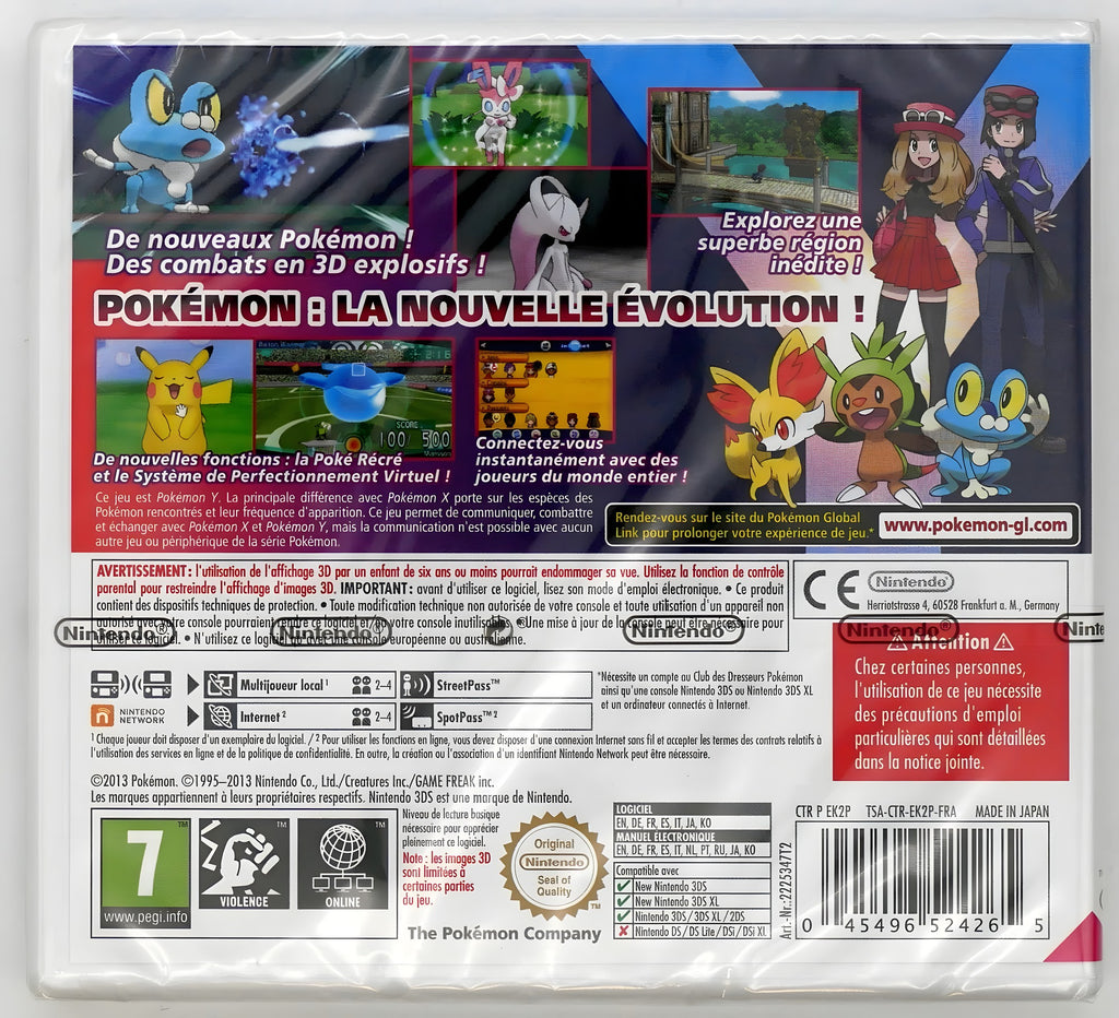 Die Rückseite der Verpackung von Pokemon Y Pixel Grading SEALED 85 zeigt Spielszenen und französische Texte.