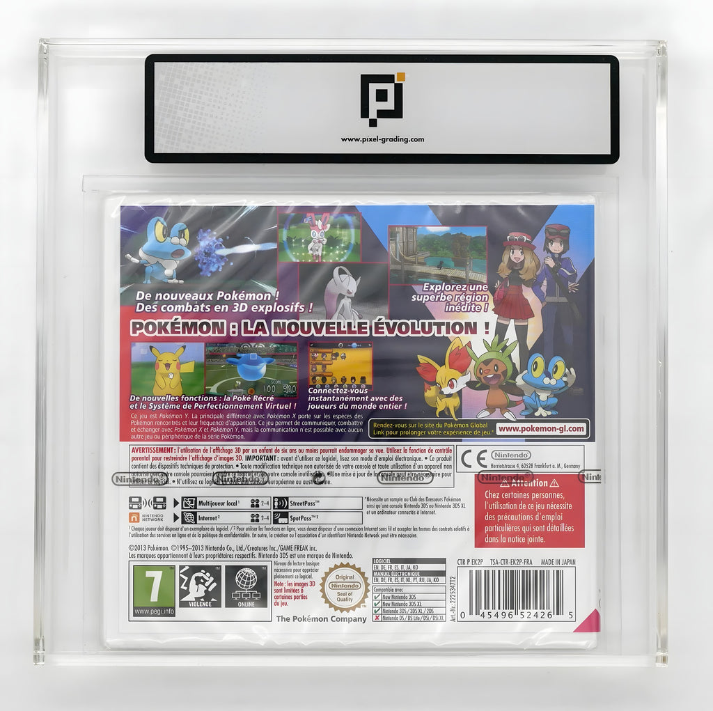 Pokemon Y Pixel Grading SEALED 85 in einer Grading-Hülle zeigt die Rückseite der Verpackung.