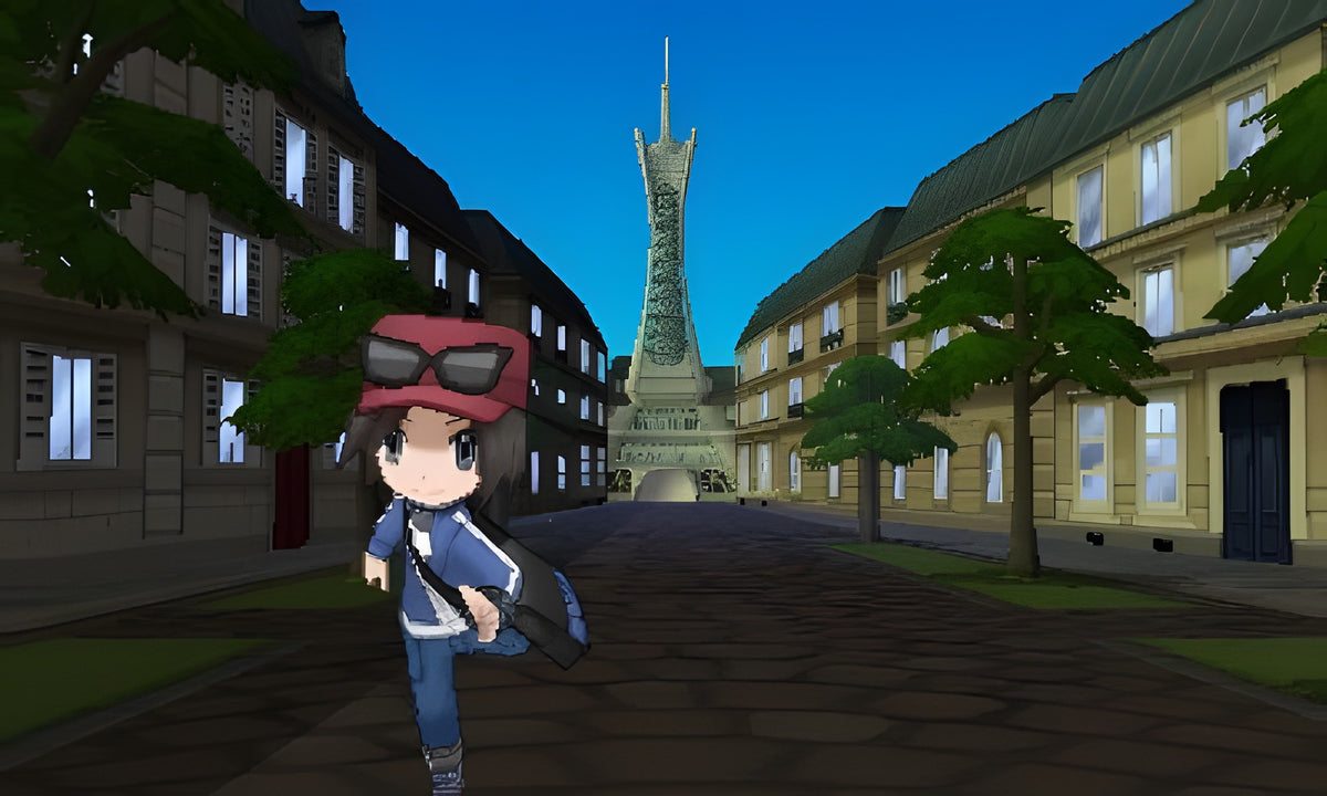 In Pokemon Y Pixel Grading SEALED 85 läuft der Spieler durch eine Stadt mit einem Eiffelturm-ähnlichen Gebäude.