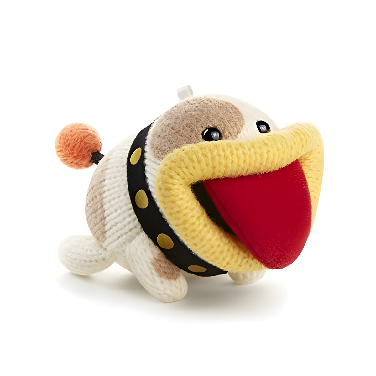 Die gestrickte amiibo-Figur von Poochy aus Poochy & Yoshi's Woolly World + amiibo ist von der Seite zu sehen.