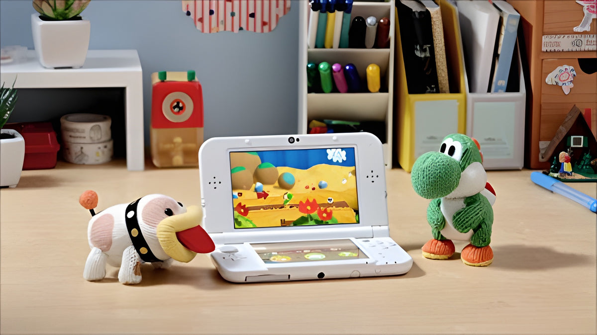 Die amiibo-Figuren von Poochy und Yoshi stehen neben einem Nintendo 3DS mit dem Spiel Poochy & Yoshi's Woolly World + amiibo.