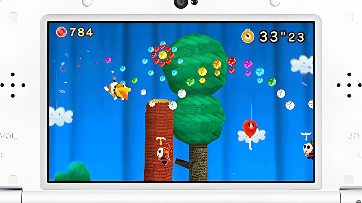 In einer Spielszene aus Poochy & Yoshi's Woolly World + amiibo fliegt eine Biene vor einem Baum.
