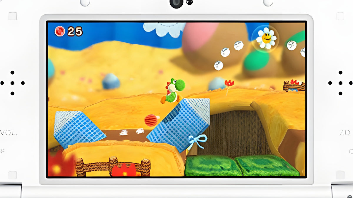Yoshi springt in einer Spielszene aus Poochy & Yoshi's Woolly World + amiibo über Hindernisse.