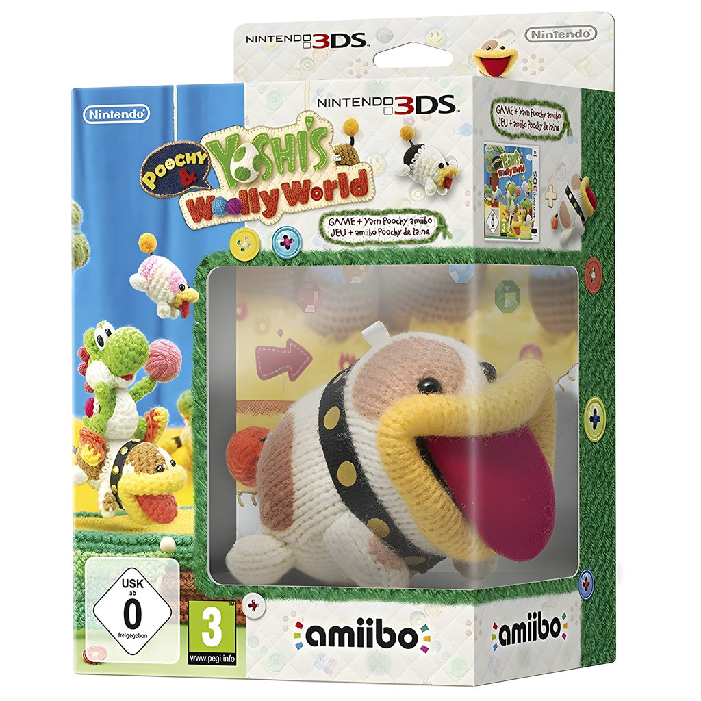 Das Cover von Poochy & Yoshi's Woolly World + Figur Schnuffel / Poochy zeigt die Verpackung mit USK ab 0.