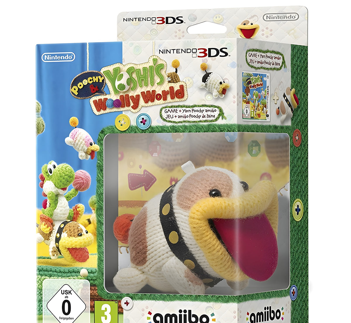 Das Cover von Poochy & Yoshi's Woolly World + Figur Schnuffel / Poochy zeigt die Verpackung mit USK ab 0.