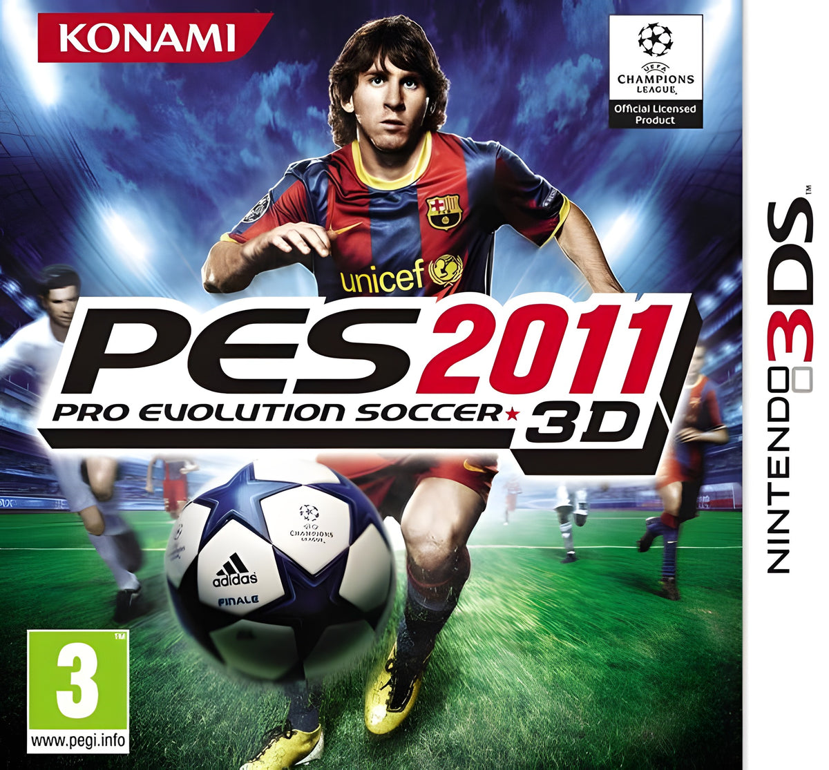 Pro Evolution Soccer 2011 / PES 11 zeigt Lionel Messi mit Ball und USK ab 0 Siegel auf dem Cover.