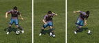 Drei Spielszenen zeigen Lionel Messi im blauen Trikot beim Dribbeln des Fußballs auf grünem Rasen.