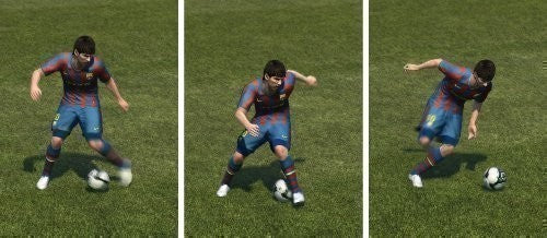Drei Spielszenen zeigen Lionel Messi im blauen Trikot beim Dribbeln des Fußballs auf grünem Rasen.