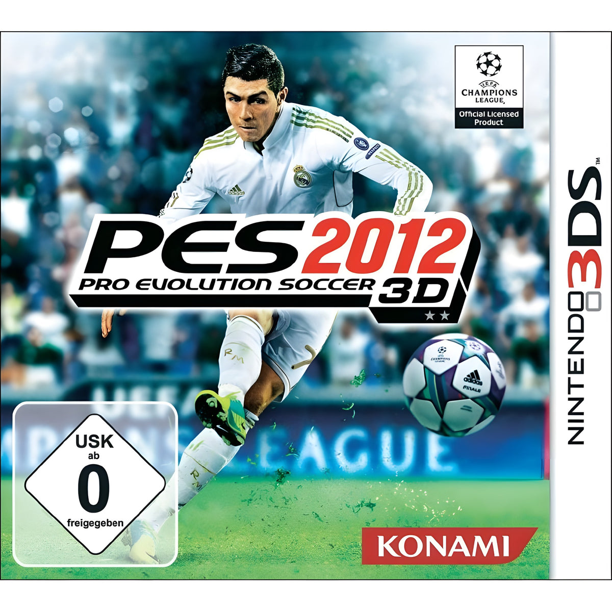 Das Cover von Pro Evolution Soccer 2012 / PES 12 für Nintendo 3DS zeigt einen Fußballspieler und das USK-Siegel ab 0.