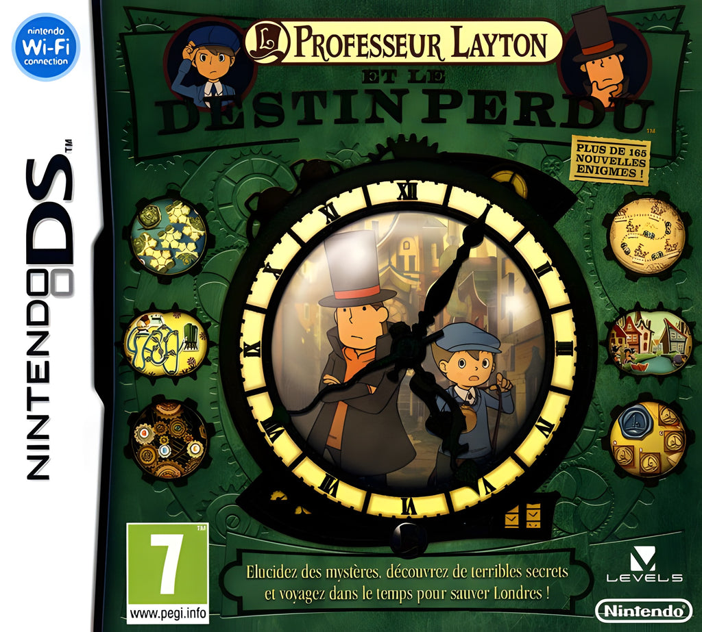 Das Cover von Professeur Layton: Destin Perdu für Nintendo DS zeigt Layton und Luke in einem Uhrwerk, PEGI 7.