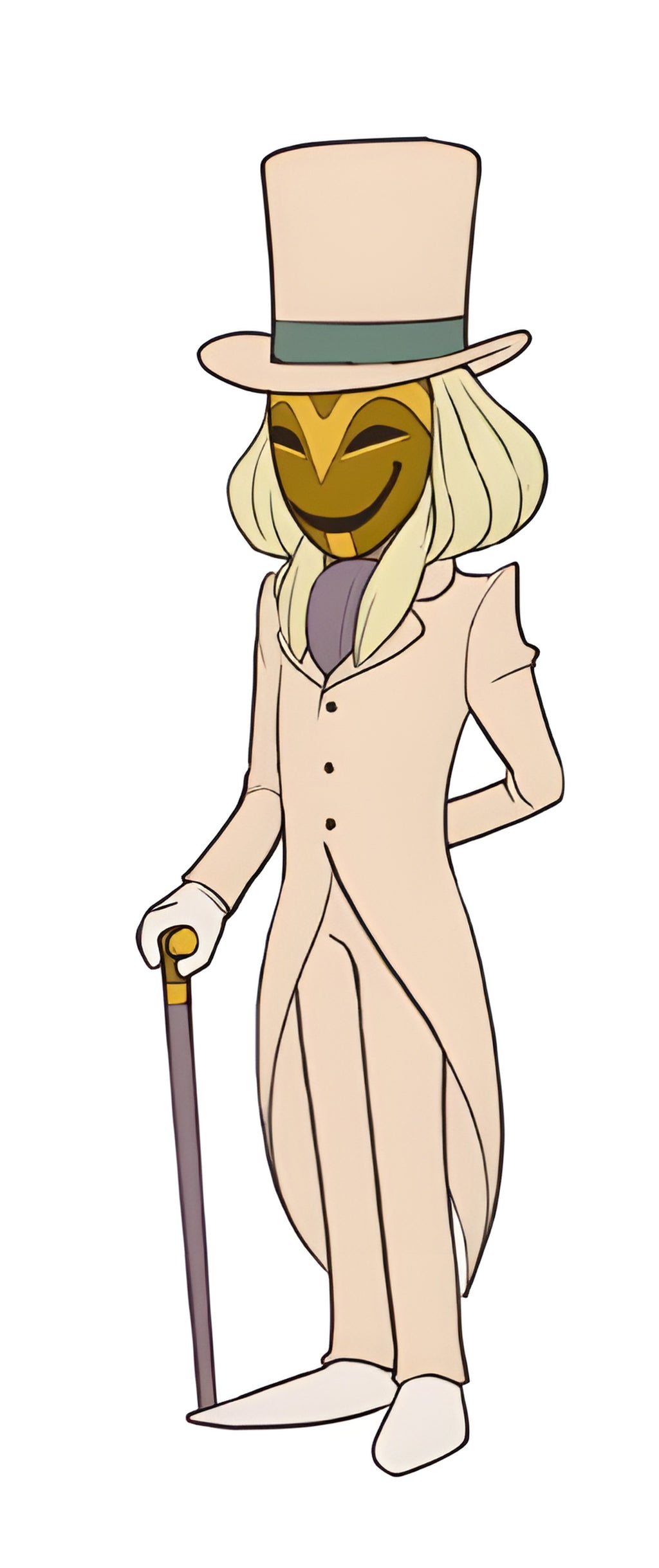 Ein maskierter Mann mit Zylinder und Gehstock ist in Professor Layton and the Miracle Mask / Mascara de los Prodigios.