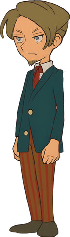 Ein junger Mann im Anzug ist in Professor Layton and the Miracle Mask / Mascara de los Prodigios abgebildet.