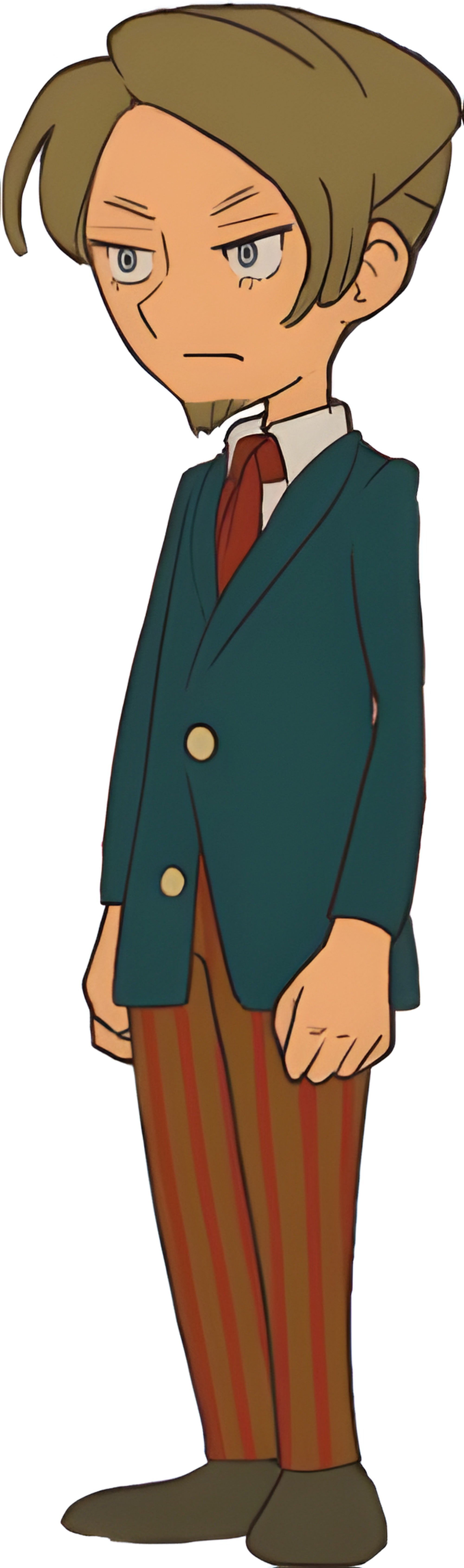 Ein junger Mann im Anzug ist in Professor Layton and the Miracle Mask / Mascara de los Prodigios abgebildet.