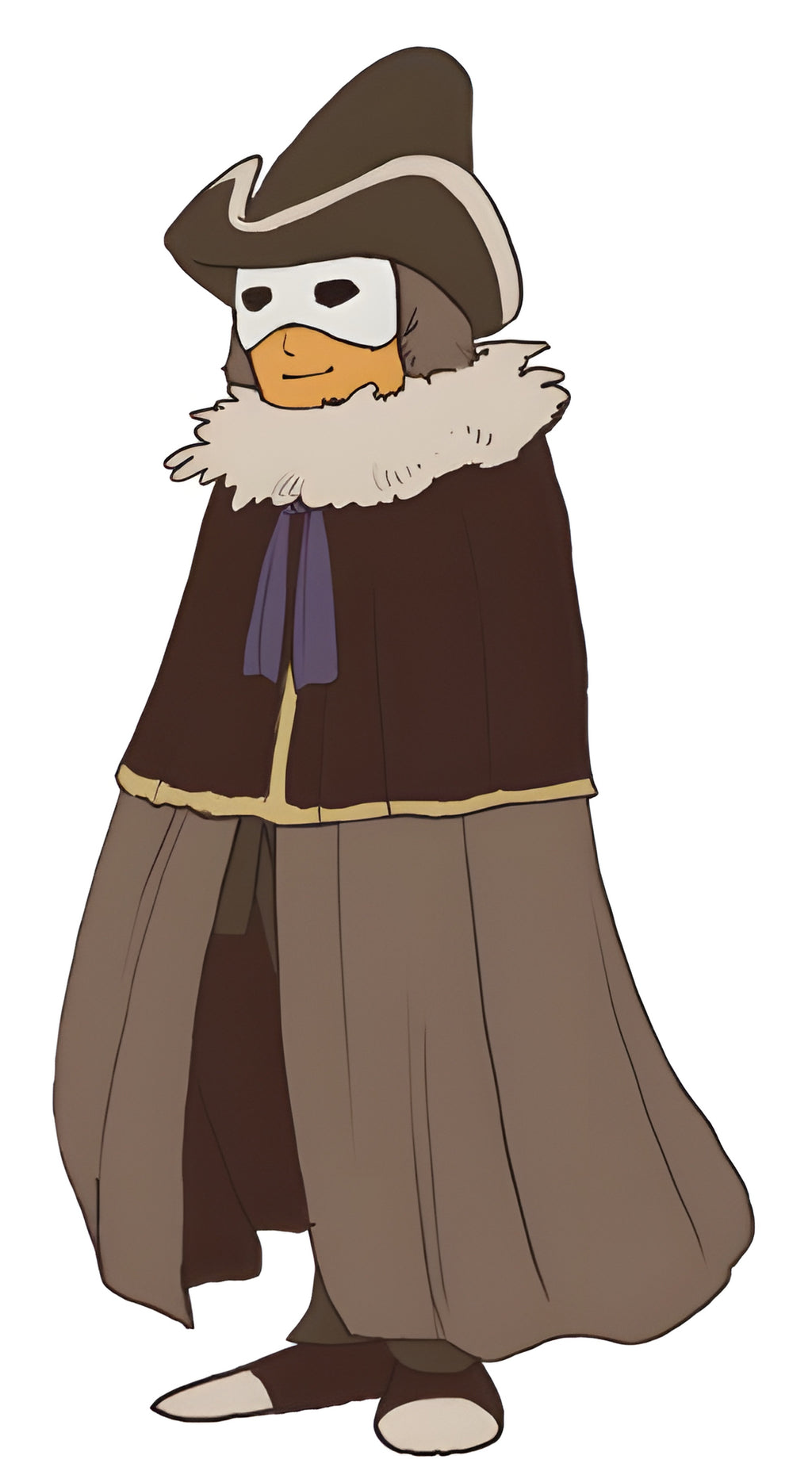 Ein maskierter Mann in braunem Mantel und Hut ist in Professor Layton and the Miracle Mask / Mascara de los Prodigios.