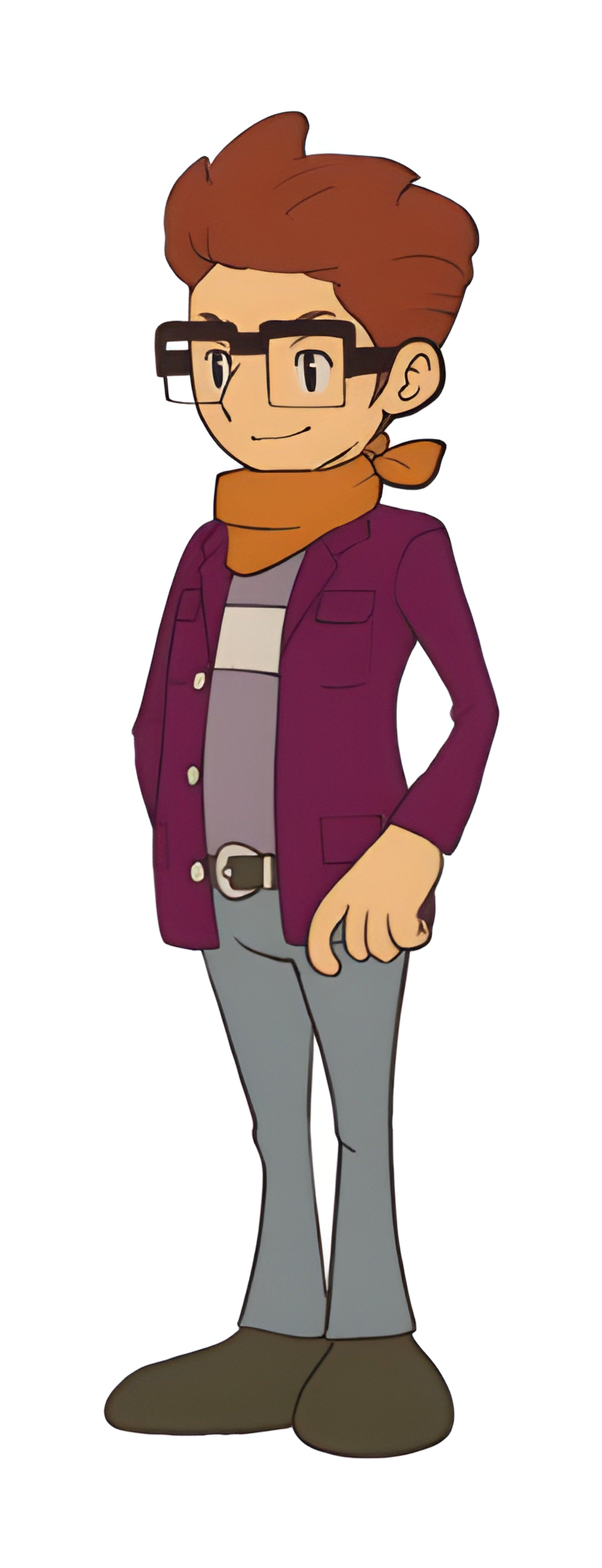 Ein junger Mann mit Brille und Halstuch ist in Professor Layton and the Miracle Mask / Mascara de los Prodigios abgebildet.