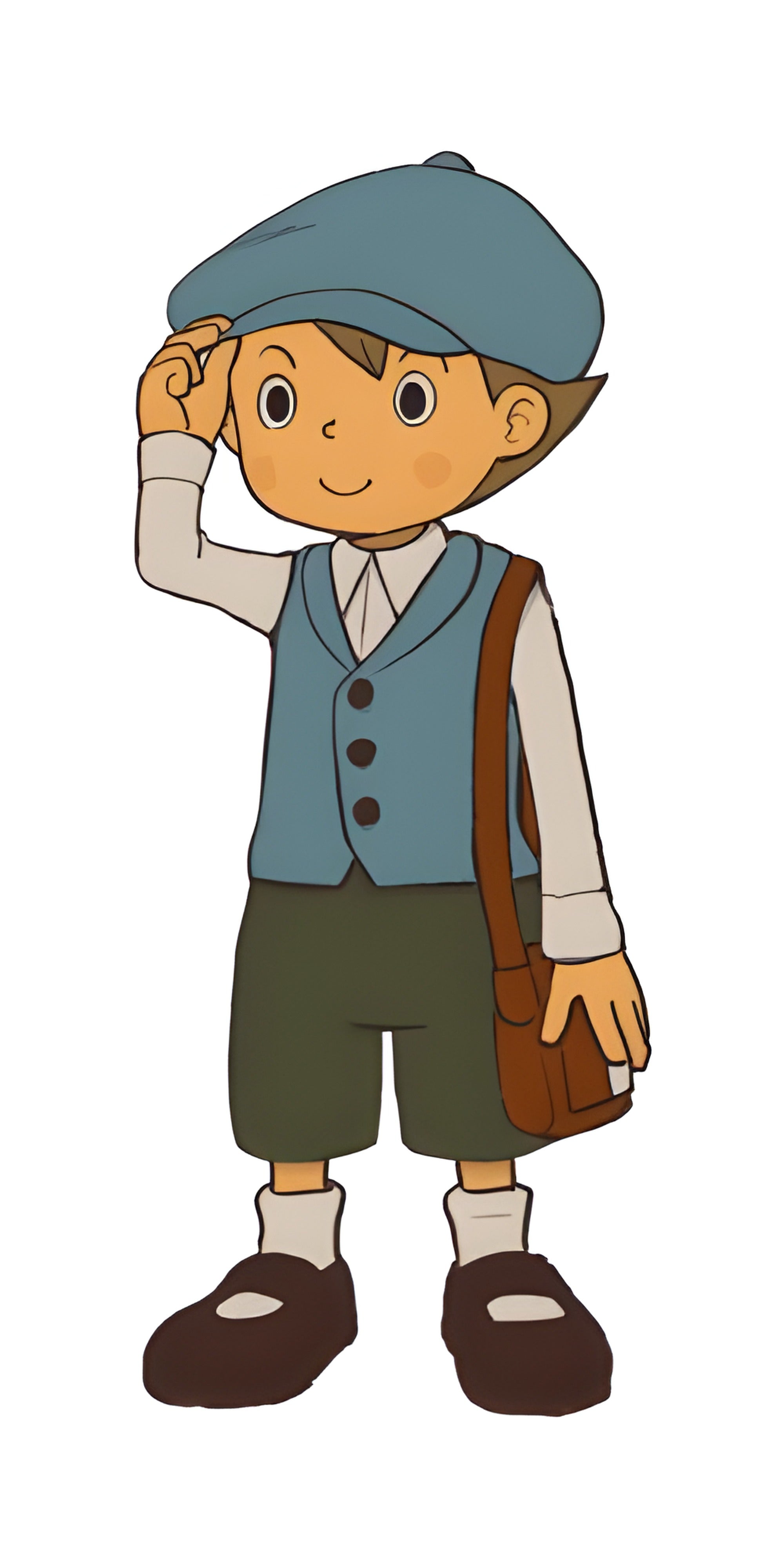 Ein Junge mit blauer Mütze und Umhängetasche ist in Professor Layton and the Miracle Mask / Mascara de los Prodigios.