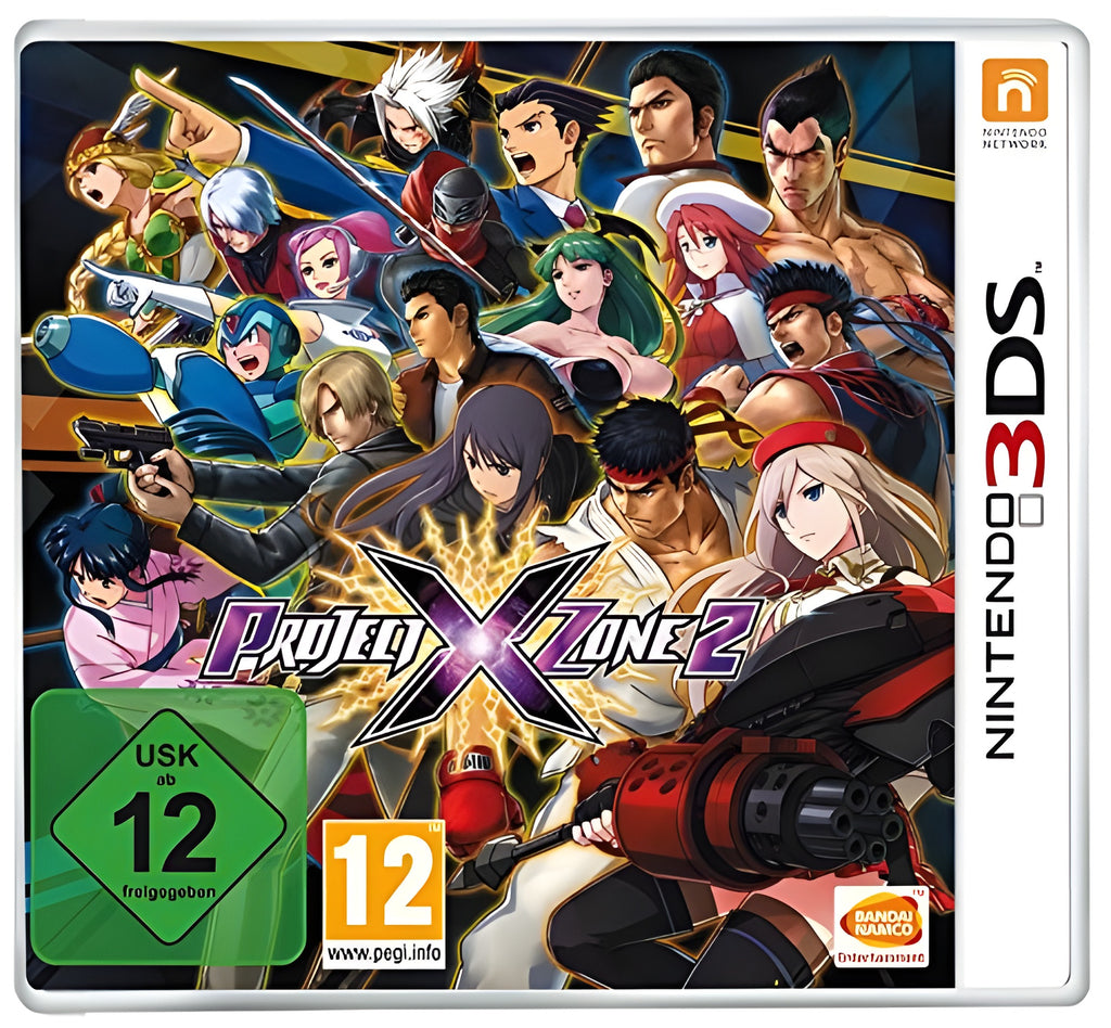 Das Cover von Project X Zone 2 für Nintendo 3DS zeigt viele Anime-Charaktere und das USK ab 12 Siegel.