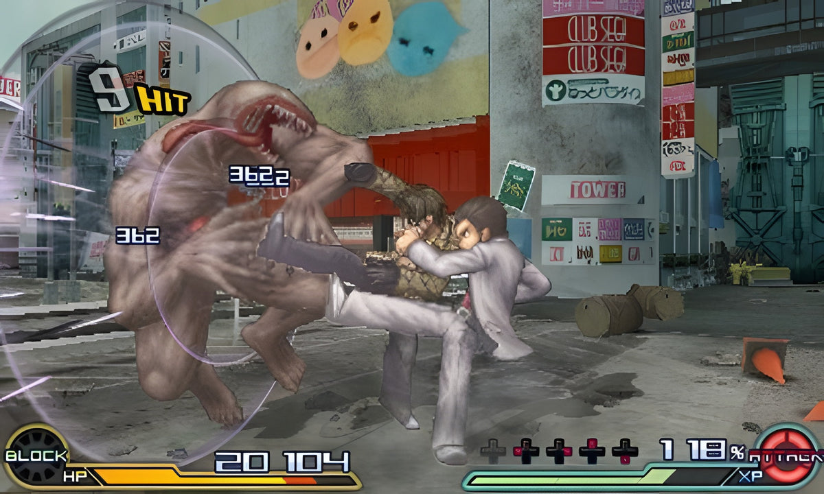 In Project X Zone 2 kämpft ein Mann in hellem Anzug gegen ein großes Monster auf einer Straße.
