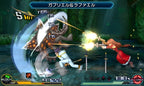 Project X Zone 2 zeigt einen Kampf im Wald, bei dem ein Monster von zwei Helden angegriffen wird.