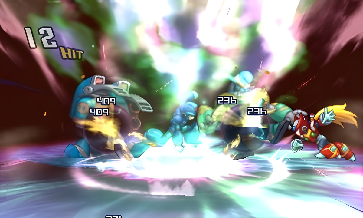 Eine Gruppe von vier Charakteren kämpft in Project X Zone 2 mit einer Explosion im Zentrum.